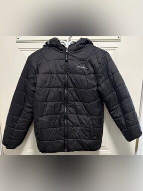 Eddie Bauer Kids XL 14/16 Reversible Jacket Black Puffer Gray Camo Sherpa